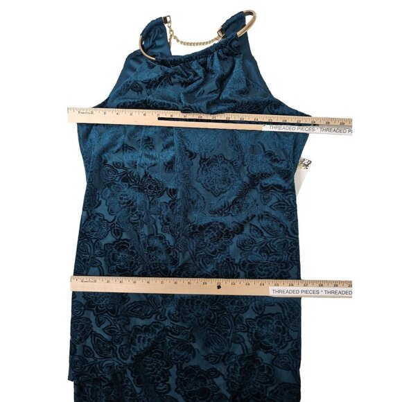Kensie Shift Dress Womens 4 Teal Velvet Burnout Sleeveless Gold Strap Party Date - Picture 12 of 12